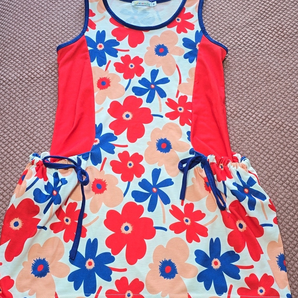 Sunshine Swing Floral Sleeveless Dress with Red and Blue Accents